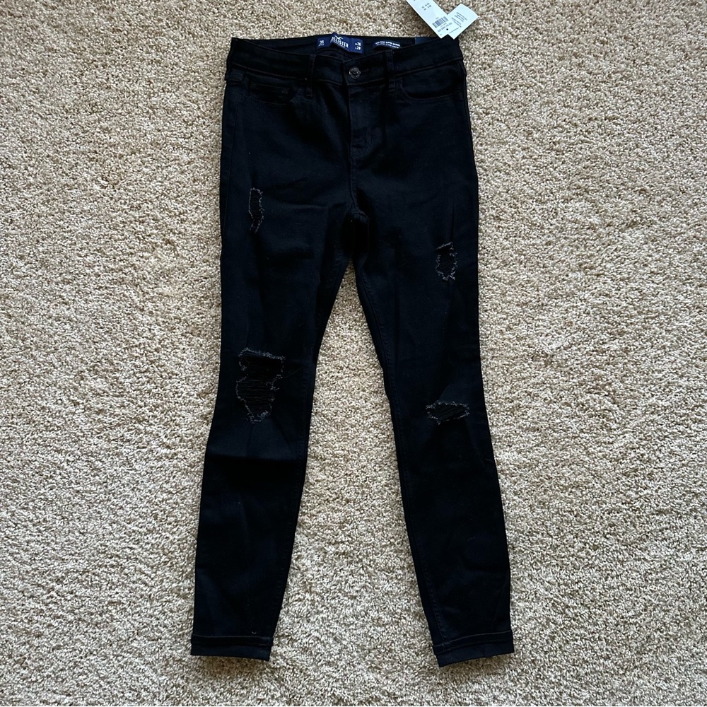 Hollister Mid Rise Super Skinny Jeans Black Distressed Stretch W26‎ L28 NWT